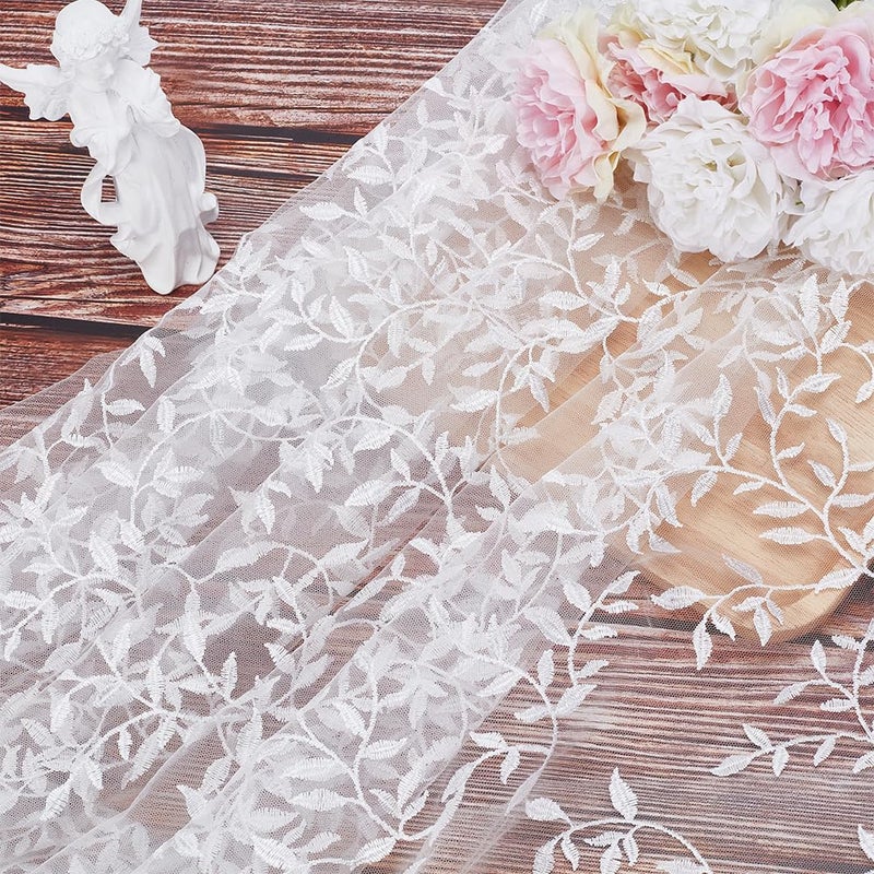 MAYJOYDIY 2 YardsÃ—64.6 Inch Vintage Branch Leaves Mesh Lace Fabric Wide Light Ivory Embroidery Tulle French Sewing Lace Trim Fabrics for DIY Crafts Wedding Party Dresses Curtains Home Decoration - Image 4