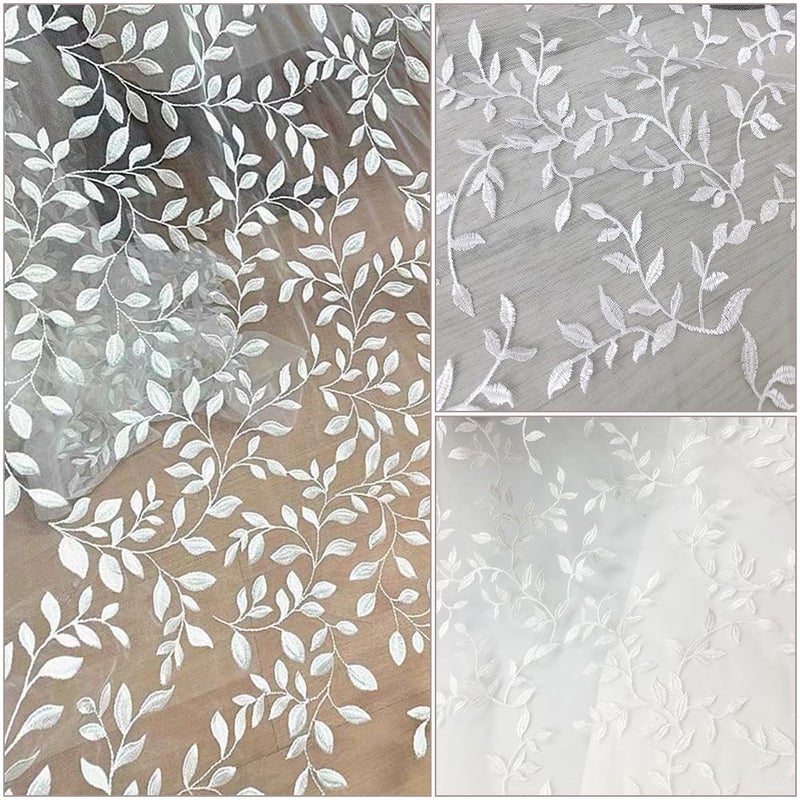 MAYJOYDIY 2 YardsÃ—64.6 Inch Vintage Branch Leaves Mesh Lace Fabric Wide Light Ivory Embroidery Tulle French Sewing Lace Trim Fabrics for DIY Crafts Wedding Party Dresses Curtains Home Decoration - Image 5