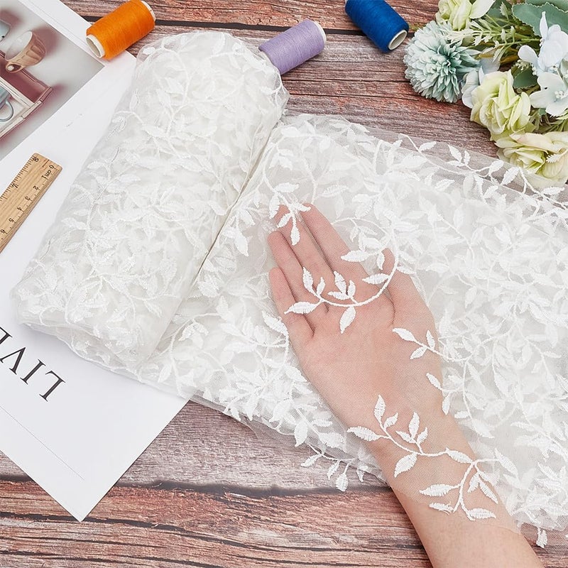MAYJOYDIY 2 YardsÃ—64.6 Inch Vintage Branch Leaves Mesh Lace Fabric Wide Light Ivory Embroidery Tulle French Sewing Lace Trim Fabrics for DIY Crafts Wedding Party Dresses Curtains Home Decoration - Image 3
