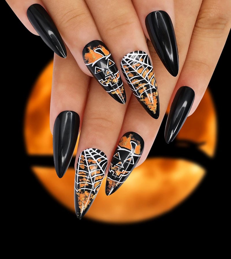 morily Halloween Press on Nails 24Pcs Black Stiletto Fake Nails Medium Length with Pumpkin Spider Web Design Acrylic Artificial Glossy Almond Stick on False Nails for Women (Black Cobweb Gold Glitter) - Image 1