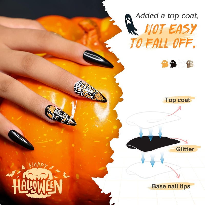 morily Halloween Press on Nails 24Pcs Black Stiletto Fake Nails Medium Length with Pumpkin Spider Web Design Acrylic Artificial Glossy Almond Stick on False Nails for Women (Black Cobweb Gold Glitter) - Image 2