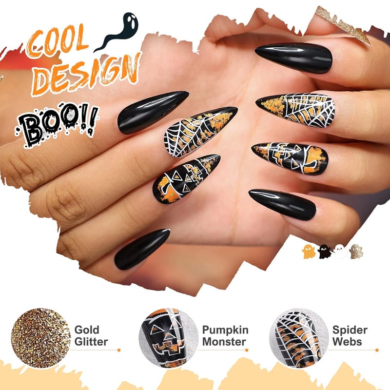 morily Halloween Press on Nails 24Pcs Black Stiletto Fake Nails Medium Length with Pumpkin Spider Web Design Acrylic Artificial Glossy Almond Stick on False Nails for Women (Black Cobweb Gold Glitter) - Image 3