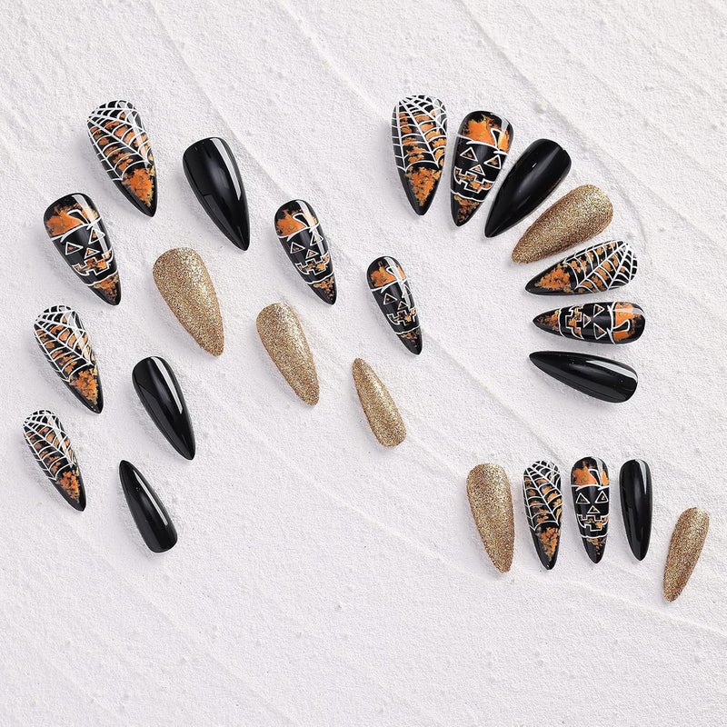 morily Halloween Press on Nails 24Pcs Black Stiletto Fake Nails Medium Length with Pumpkin Spider Web Design Acrylic Artificial Glossy Almond Stick on False Nails for Women (Black Cobweb Gold Glitter) - Image 4