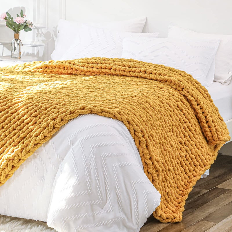 Bigacogo Chunky Knit Throw Blanket for Couch 51x63 inches 100 Hand Knitted with Thick Jumbo Chenille Yarn Cozy Soft Large Rope Knot Cable Crochet Blankets for Sofa Bed Living Room Mustard Yellow