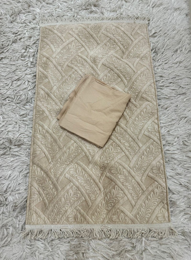 Elegant velvet prayer rug with a luxurious Turkish design with an open prayer sheet - beige - Image 1