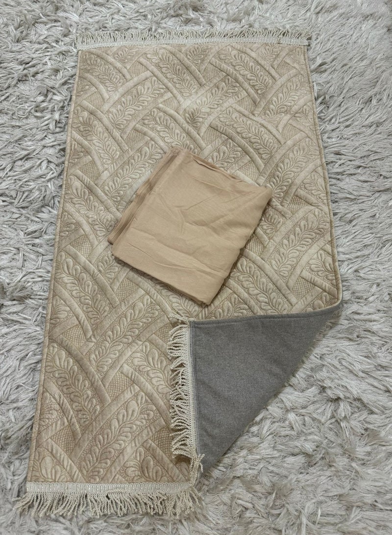 Elegant velvet prayer rug with a luxurious Turkish design with an open prayer sheet - beige - Image 2