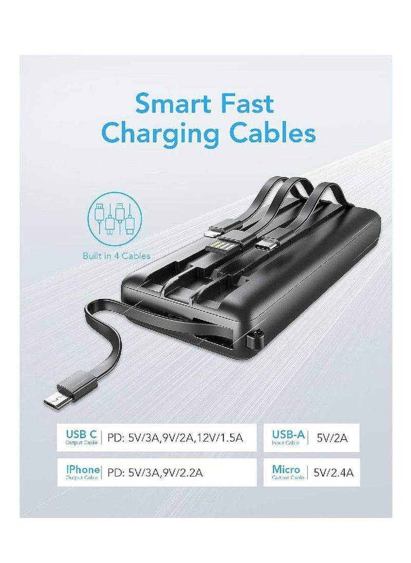 Power Bank 10000mAh with Built in Cables,VRURC USB C slim Portable Charger 5 Output & 2 Input LED Display External Battery Pack Chargers Compatible with iPhone,Samsung Cell Phones