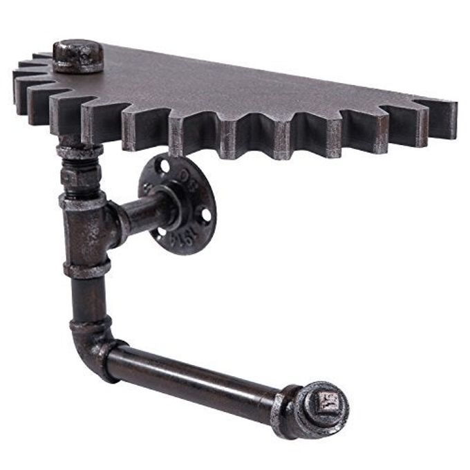 MyGift 1pcs Wall Mounted Black Patina Metal Floating Shelf with Industrial Metal Pipe Wall Bracket, Toilet Paper Holder Stand,Hanging Shelf Rack with Steampunk Gear Design - Image 4
