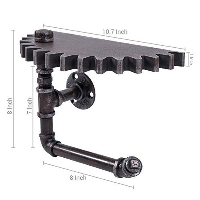 MyGift 1pcs Wall Mounted Black Patina Metal Floating Shelf with Industrial Metal Pipe Wall Bracket, Toilet Paper Holder Stand,Hanging Shelf Rack with Steampunk Gear Design - Image 2
