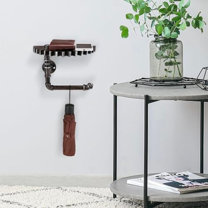 MyGift 1pcs Wall Mounted Black Patina Metal Floating Shelf with Industrial Metal Pipe Wall Bracket, Toilet Paper Holder Stand,Hanging Shelf Rack with Steampunk Gear Design - Image 3