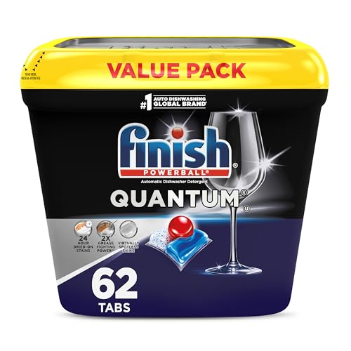 Finish Quantum Dishwasher Pods, No Pre-Rinse Dishwasher Detergent Soap Removes 24HR Dried-On Stain and Grease, Leaving a Virtually Spotless Shine, 62 Count - Image 1