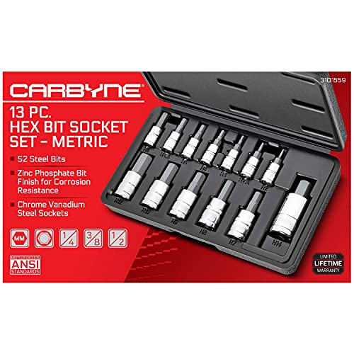 CARBYNE 13Piece Metric Hex Allen Bit Socket Set 2mm to 14mm S2 Steel Bits CrV Sockets 14 in 38 in and 12 in Drive Durable Storage Case - Image 3