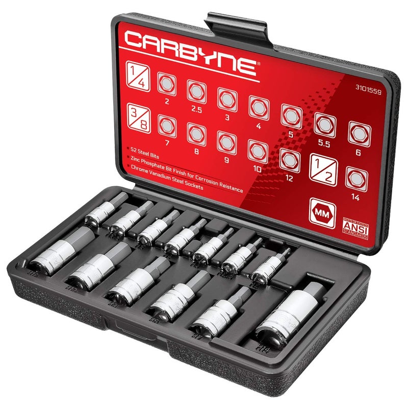 CARBYNE 13Piece Metric Hex Allen Bit Socket Set 2mm to 14mm S2 Steel Bits CrV Sockets 14 in 38 in and 12 in Drive Durable Storage Case - Image 2