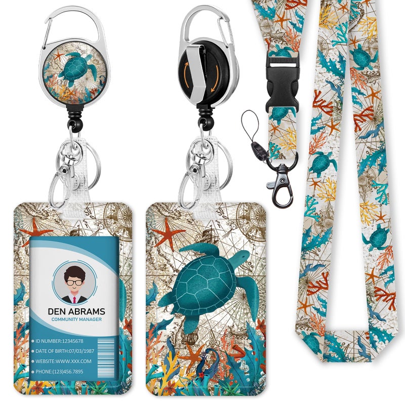 Piefly Lanyards for Id Badges, Badge Holder with Retractable Reel Clip, Sea Turtle Cute Card Name Tag Lanyard Vertical ID Card Protector Case for Women Nurse Nursing Doctor Teacher Student Kids - Image 1