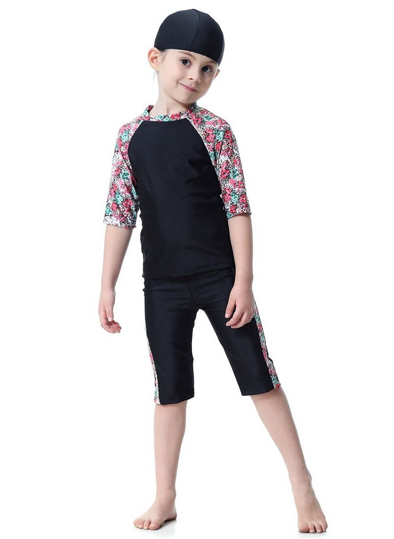 Loquat - Girls 3-Piece Floral Pattern Swimwear Set Short Sleeve Burkini Swimsuit Set Black Printed - Image 1