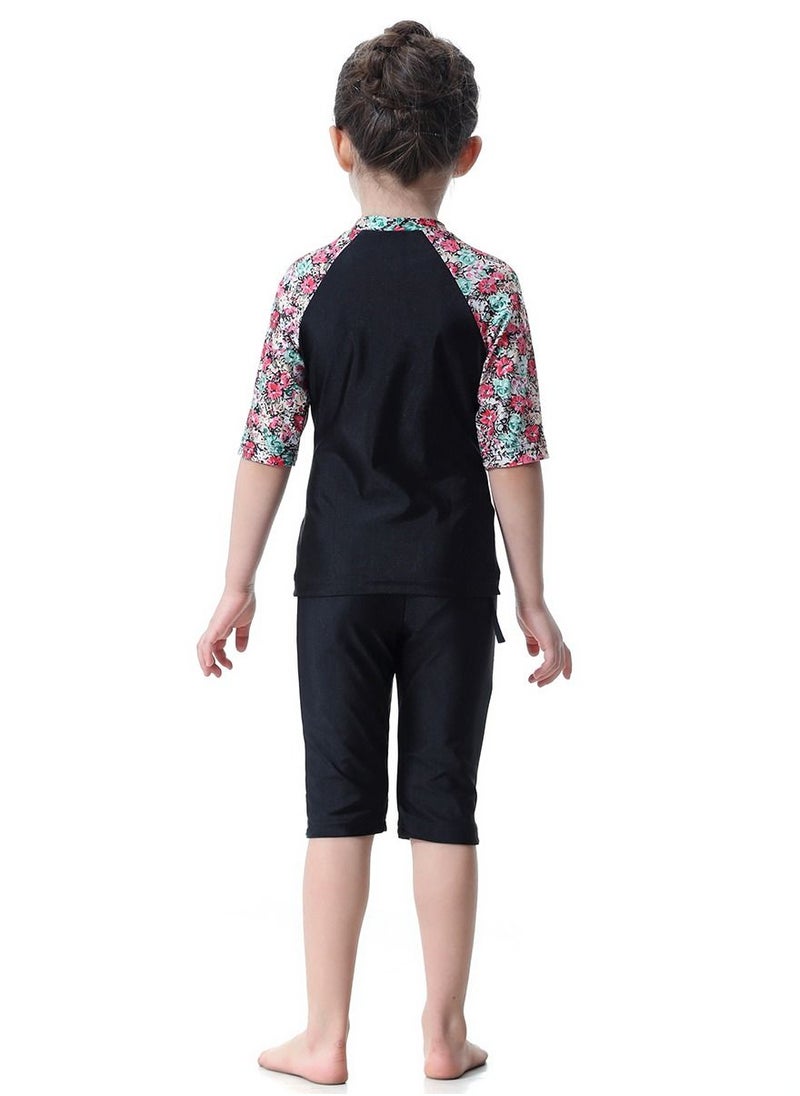 Loquat - Girls 3-Piece Floral Pattern Swimwear Set Short Sleeve Burkini Swimsuit Set Black Printed - Image 1