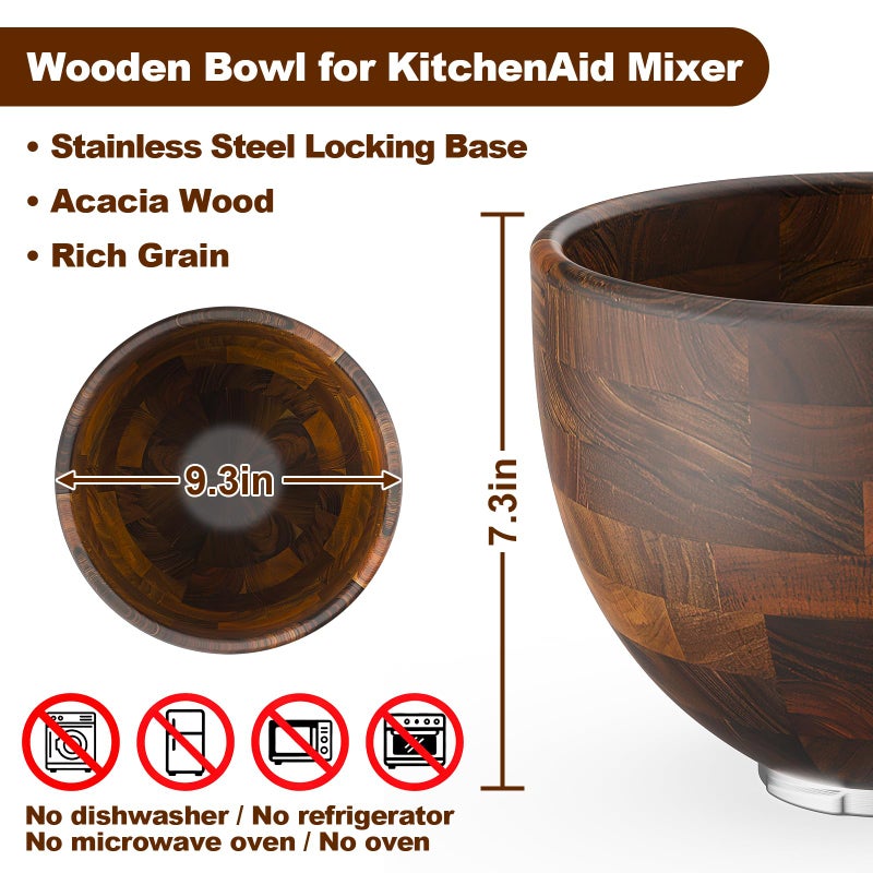Cofun Premium Wood Mixing Bowl, Compatible with 4.5-5 Qt Tilt-Head Stand Mixers, Natural True Wooden Bowls, 5 Qt Kitchen Aid Bowls for Mixer with Stainless Steel Locking Base - Image 3