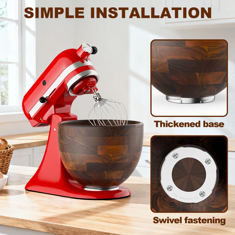 Cofun Premium Wood Mixing Bowl, Compatible with 4.5-5 Qt Tilt-Head Stand Mixers, Natural True Wooden Bowls, 5 Qt Kitchen Aid Bowls for Mixer with Stainless Steel Locking Base - Image 5