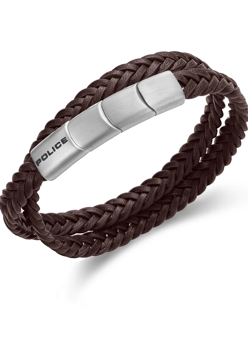 بوليس Police Braid Dark Brown Leather Stainless Steel Gents Bracelet