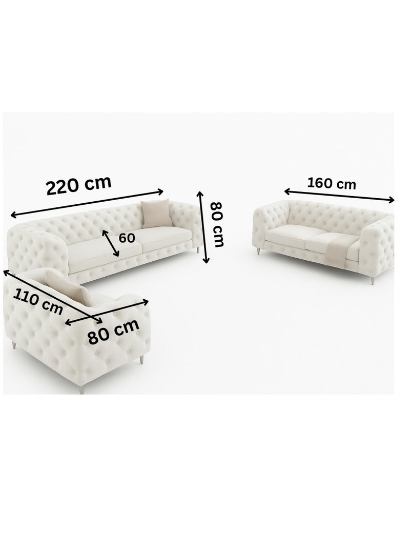 مهارة البحر طقم كنب تشيسترفيلد فاخر من مهارات للأثاث – طقم جلوس مكون من 3 قطع من المخمل الفاخر بلون الكراميل مع كرسي بذراعين وكنبة صغيرة وكنبة كبيرة – تصميم أنيق بأرجل معدنية عصرية - Image 2