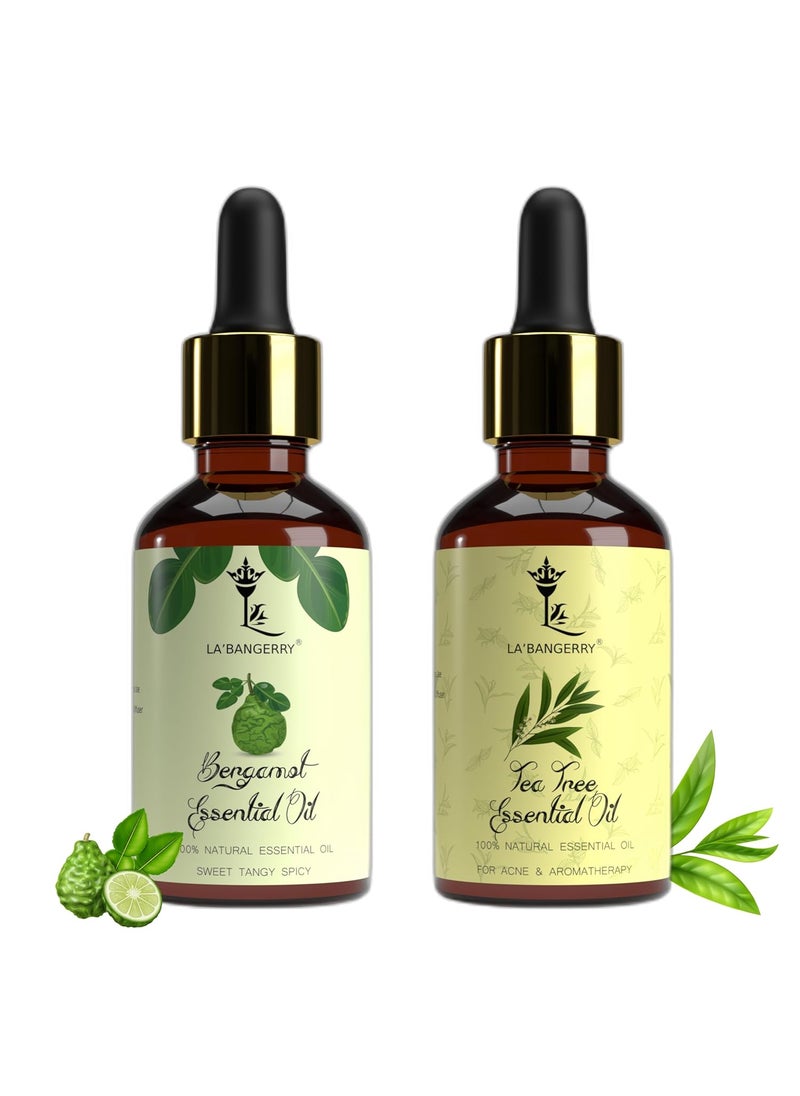 LA'BANGERRY LABANGERRY Tea Tree Bergamot Essential Oil Combo for Home Fragrance Aromatherapy Skin Hair Diffuser Candle Making Massage Oil with Dropper for Relaxation and Soothe Muscles Each 30 ml Pack Of 2  - Image 1