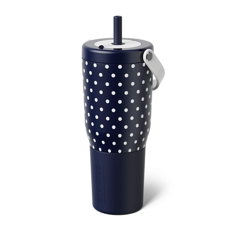 BrÃ¼Mate Resa 35oz 100% Leakproof Tumbler w/Handle & Straw | Flexible SoftSip Straw | Silicone Sleeve for Durability | Stainless Steel | Cup Holder & Travel Friendly Water Bottle (Navy Polka Dots) - Image 1