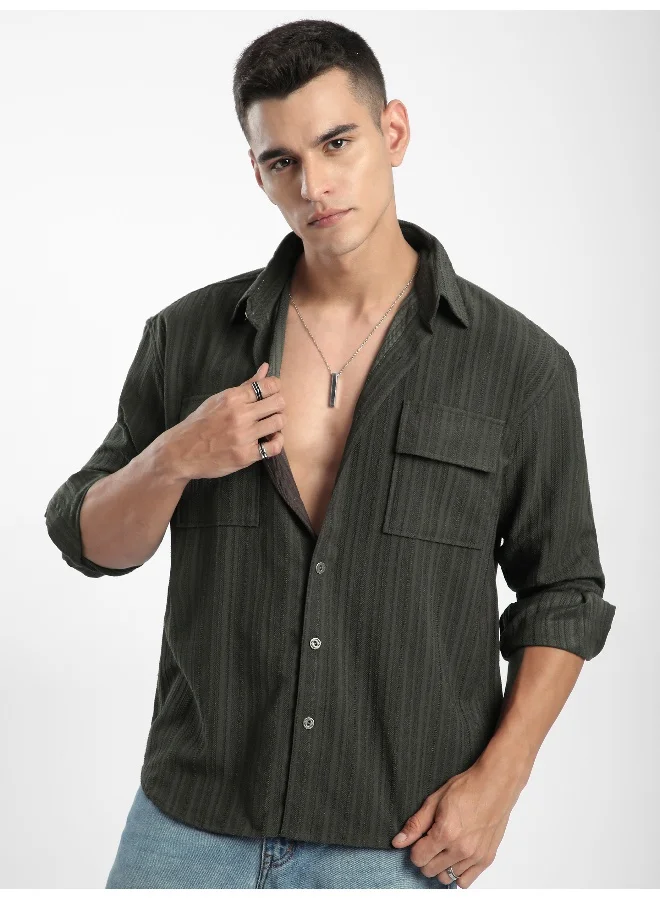 Beyoung Charcoal Brown Structured Stripe Shirt