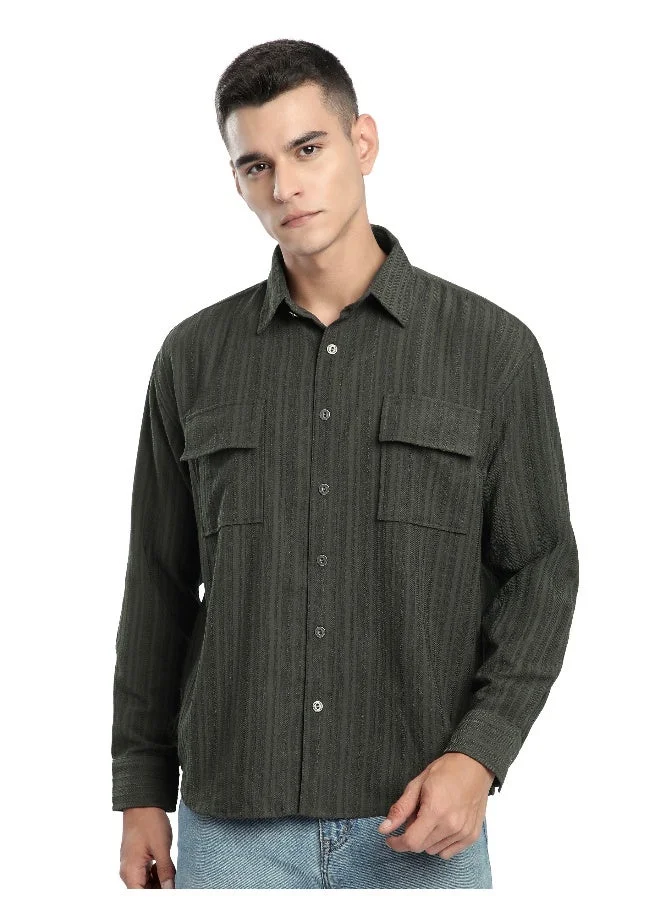 Beyoung Charcoal Brown Structured Stripe Shirt