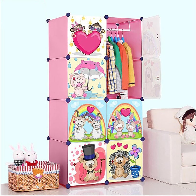 AYSIS Almirah for Clothes, Plastic Soft Sheet Collapsible Wardrobe for Kids Toys/Books, Baby Cupboard Storage in Bedroom Nursery, Cartoon (GT Pink, 8-Shelf-8-Door) - Image 1