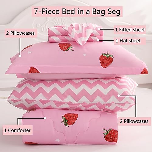 Gusuhome Strawberry Comforter Bedding Set Full Size for Girls 7 Piece Pink Kawaii Comforter Set Bed in A Bag for Kids Teens All Season (1 Comforter,1 Flat Sheet,1 Fitted Sheet and 4 Pillow Sham) - Image 2