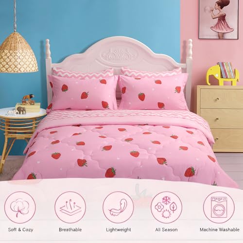 Gusuhome Strawberry Comforter Bedding Set Full Size for Girls 7 Piece Pink Kawaii Comforter Set Bed in A Bag for Kids Teens All Season (1 Comforter,1 Flat Sheet,1 Fitted Sheet and 4 Pillow Sham) - Image 5