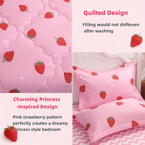 Gusuhome Strawberry Comforter Bedding Set Full Size for Girls 7 Piece Pink Kawaii Comforter Set Bed in A Bag for Kids Teens All Season (1 Comforter,1 Flat Sheet,1 Fitted Sheet and 4 Pillow Sham) - Image 3