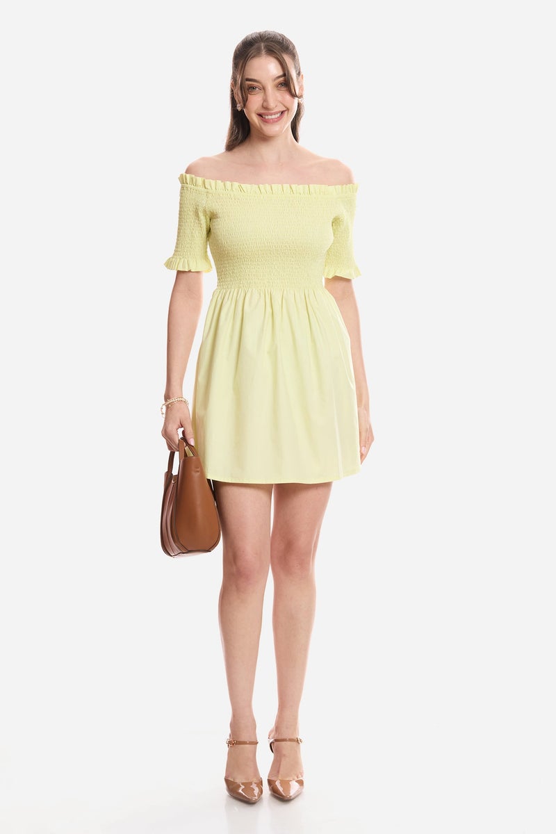 Virgio Solid Cotton Off-Shoulder Mini Dress for Women - Image 2