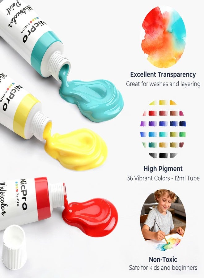Nicpro Watercolour Paint Kit 36 Tubes, 12 ml Watercolour Tube, High Quality Watercolour Paint Kit with 10 Brushes, 25 Papers, Palette, Paint Kit for Adults Beginners - Image 3