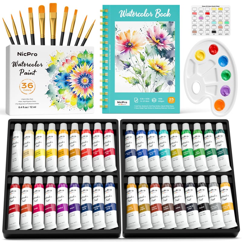 Nicpro Watercolour Paint Kit 36 Tubes, 12 ml Watercolour Tube, High Quality Watercolour Paint Kit with 10 Brushes, 25 Papers, Palette, Paint Kit for Adults Beginners - Image 1