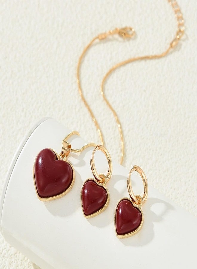WCRAZYE Valentines Jewelry Sets for Women Dainty Heart Pendant Necklaces Lightweight Vintage Enamel Minimalist Gold Red Heart Love Earrings (Heart A Sets) - Image 2