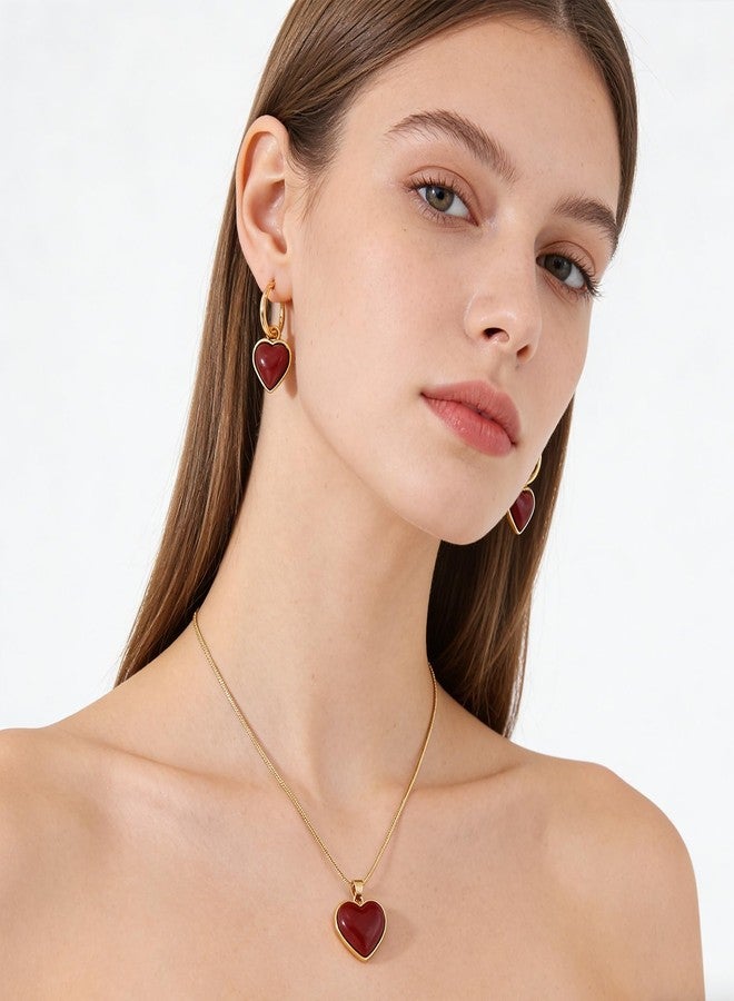 WCRAZYE Valentines Jewelry Sets for Women Dainty Heart Pendant Necklaces Lightweight Vintage Enamel Minimalist Gold Red Heart Love Earrings (Heart A Sets) - Image 3