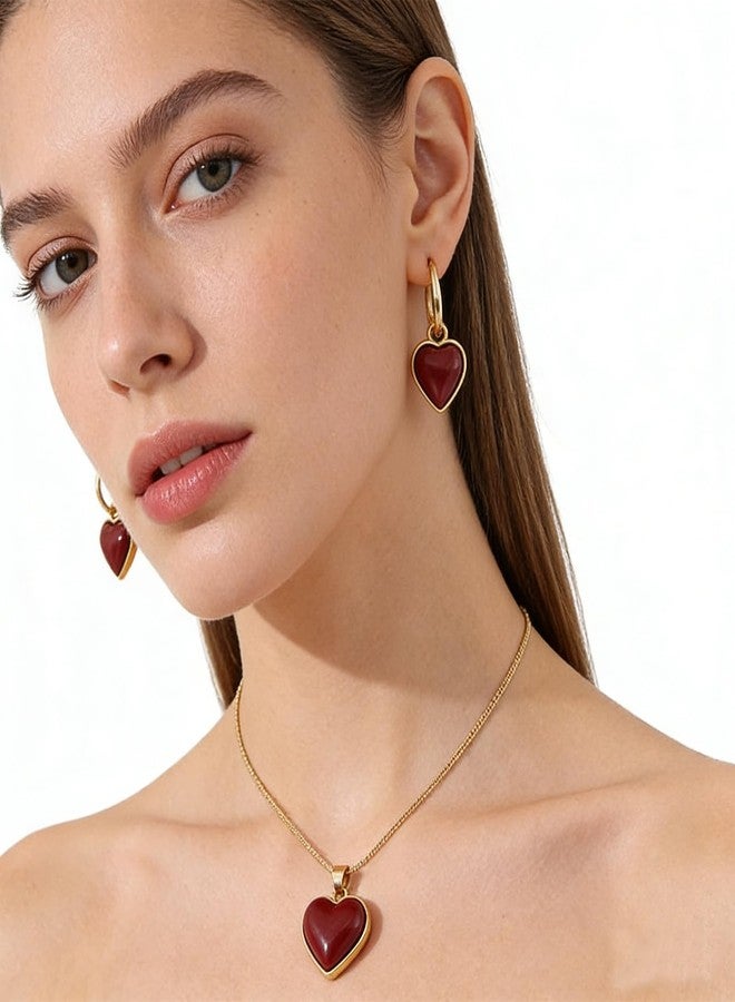WCRAZYE Valentines Jewelry Sets for Women Dainty Heart Pendant Necklaces Lightweight Vintage Enamel Minimalist Gold Red Heart Love Earrings (Heart A Sets) - Image 4