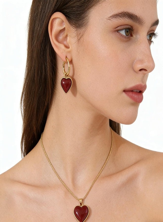 WCRAZYE Valentines Jewelry Sets for Women Dainty Heart Pendant Necklaces Lightweight Vintage Enamel Minimalist Gold Red Heart Love Earrings (Heart A Sets) - Image 5