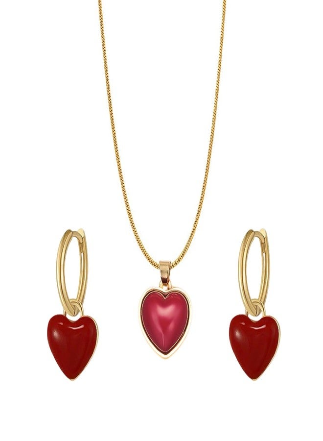 WCRAZYE Valentines Jewelry Sets for Women Dainty Heart Pendant Necklaces Lightweight Vintage Enamel Minimalist Gold Red Heart Love Earrings (Heart A Sets) - Image 1