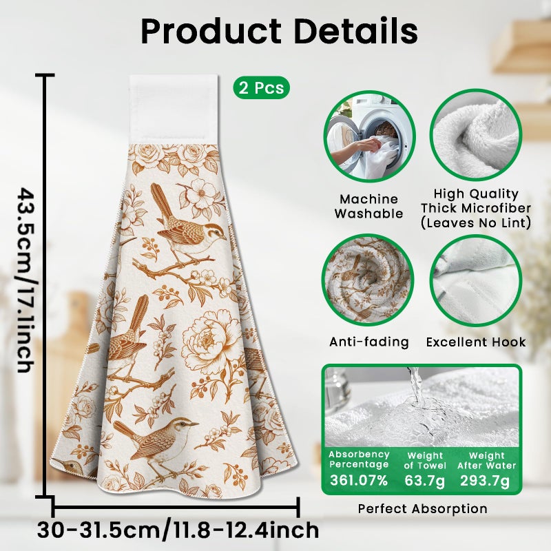 CUTHOLLOW Orange Flower and Bird Hanging Kitchen Towels with Loop, Set of 2 - Soft & Super Absorbent Microfiber Decorative Hanging Dish & Hand Towel, Tea Coffee Towel for Kitchen Bathroom Oven Handle - Image 2