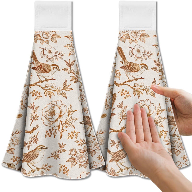 CUTHOLLOW Orange Flower and Bird Hanging Kitchen Towels with Loop, Set of 2 - Soft & Super Absorbent Microfiber Decorative Hanging Dish & Hand Towel, Tea Coffee Towel for Kitchen Bathroom Oven Handle - Image 1