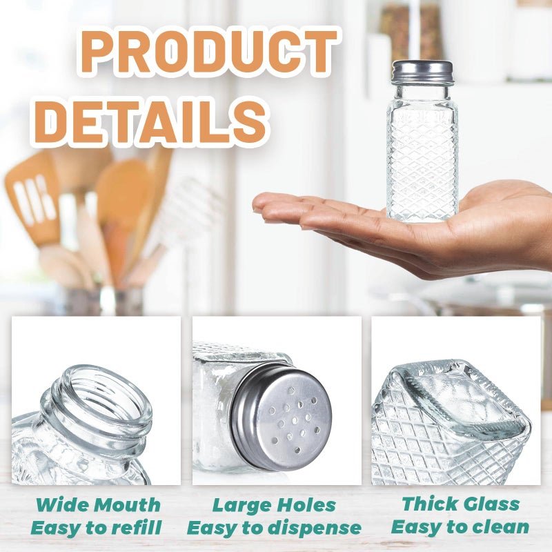 Wongblee 2 Pack Glass Salt and Pepper Shakers Set, Vintage Spice Shakers for Dining Room Table, Kitchen, Restaurant (Grid Pattern) - Image 3