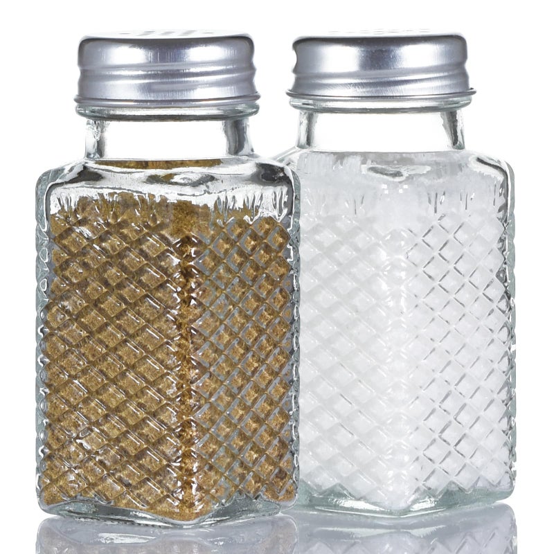Wongblee 2 Pack Glass Salt and Pepper Shakers Set, Vintage Spice Shakers for Dining Room Table, Kitchen, Restaurant (Grid Pattern) - Image 1