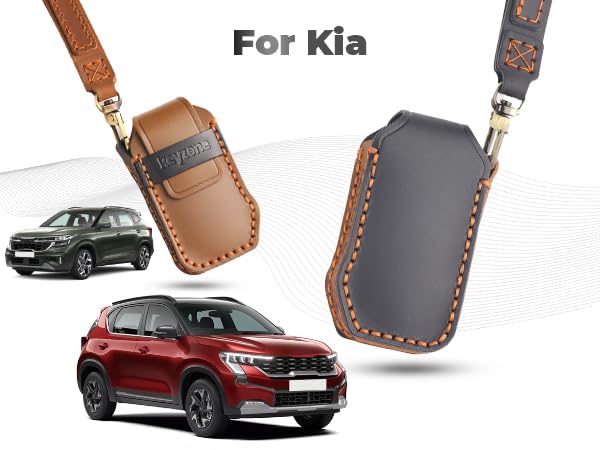 Keyzone Leather Key Cover & Keychain Compatible for Kia Carens Clavis, Seltos, Sonet Facelift Carens 2023 Onwards Smart Key (Black) - Image 4