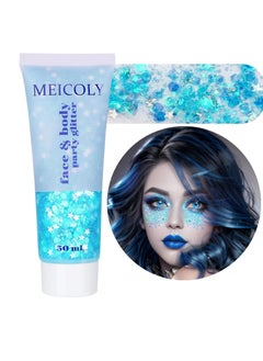 MEICOLY MEICOLY Light Blue Body Glitter,Mermaid Princess Face Glitter Gel,Ice Blue Glitter Face Paint for Halloween,Frozen Birthday Party Decorations,Chunky Glitter for Eye Lip Hair,Festival Rave Glitter Gel  - Image 1