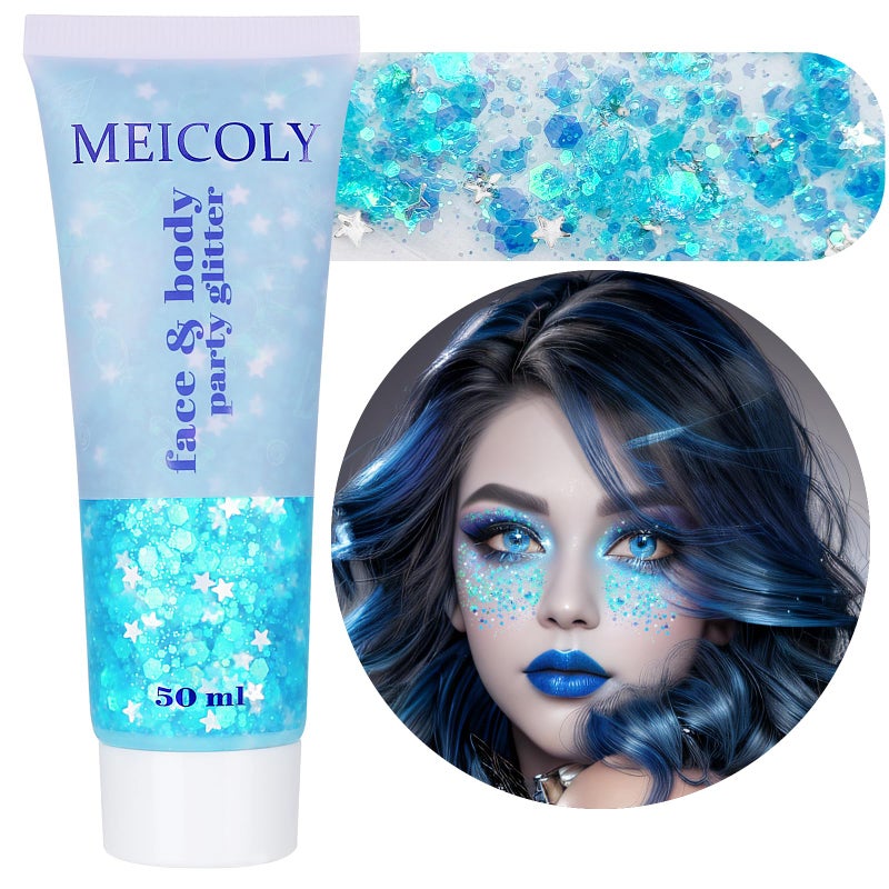 MEICOLY Light Blue Body Glitter,Mermaid Princess Face Glitter Gel,Ice Blue Glitter Face Paint for Halloween,Frozen Birthday Party Decorations,Chunky Glitter for Eye Lip Hair,Festival Rave Glitter Gel - Image 1