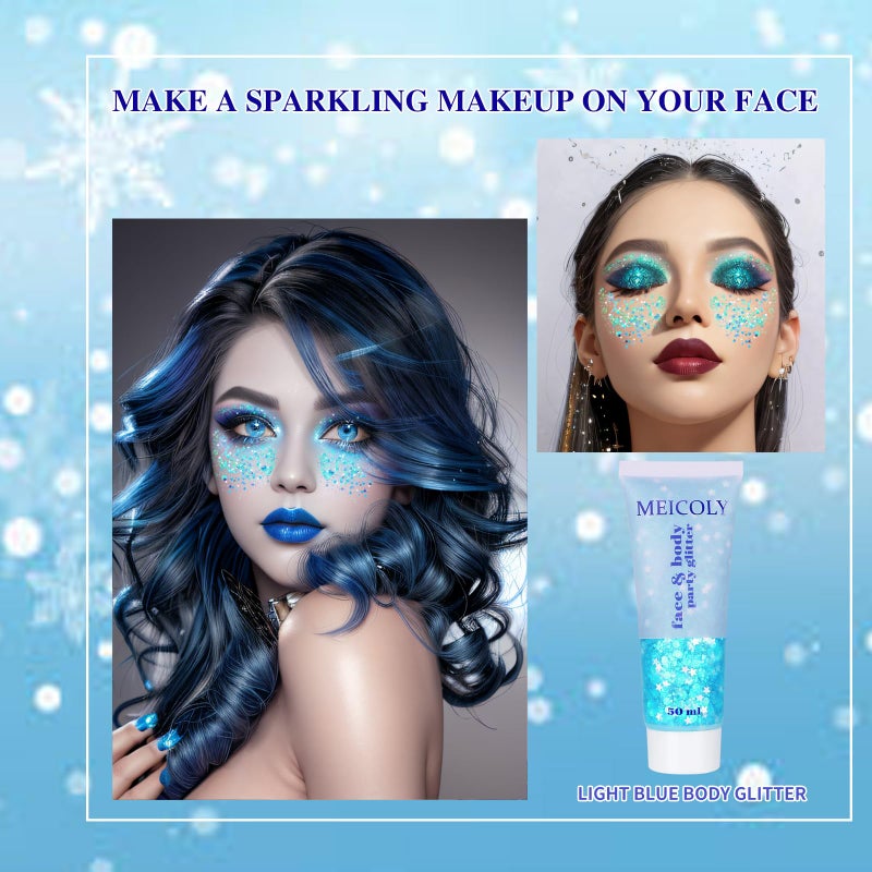 MEICOLY Light Blue Body Glitter,Mermaid Princess Face Glitter Gel,Ice Blue Glitter Face Paint for Halloween,Frozen Birthday Party Decorations,Chunky Glitter for Eye Lip Hair,Festival Rave Glitter Gel - Image 2