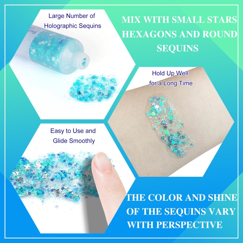 MEICOLY Light Blue Body Glitter,Mermaid Princess Face Glitter Gel,Ice Blue Glitter Face Paint for Halloween,Frozen Birthday Party Decorations,Chunky Glitter for Eye Lip Hair,Festival Rave Glitter Gel - Image 4