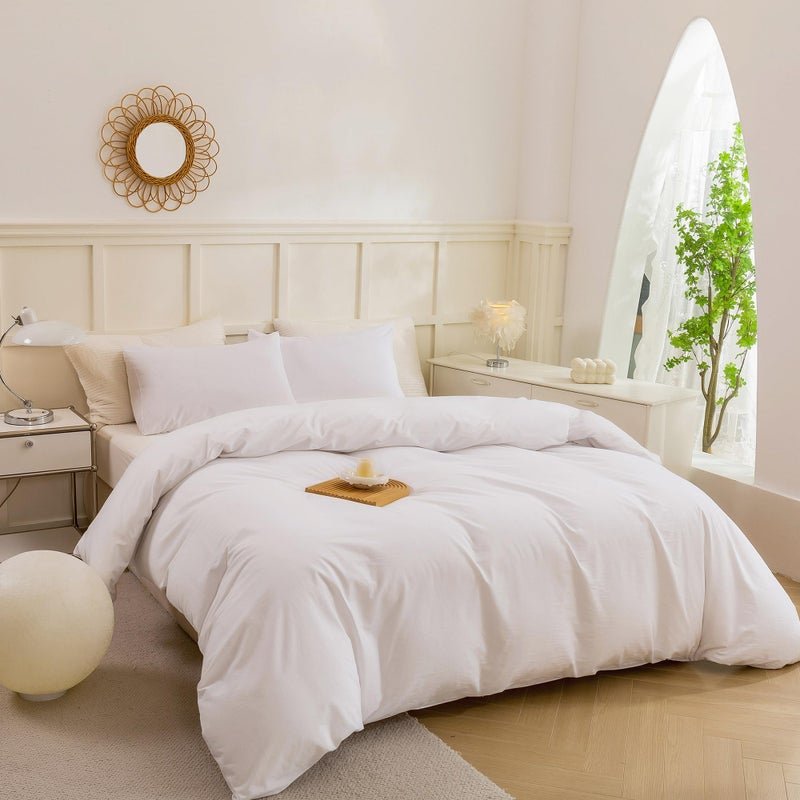 ECOCOTT ECOCOTT White Duvet Cover Queen Size - 100% Washed Cotton Durable Soft Comfy Duvet Cover Set  Lightweight and Breathable with Zipper Closure & Corner Ties (White  90''x90'')  - Image 2